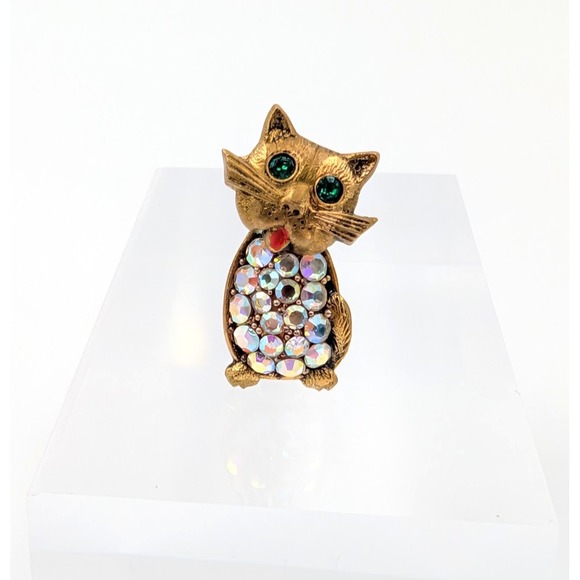 Western Germany Cat Pin Brooch AB Rhinestone Gold Tone Kitty VTG 50s 60s